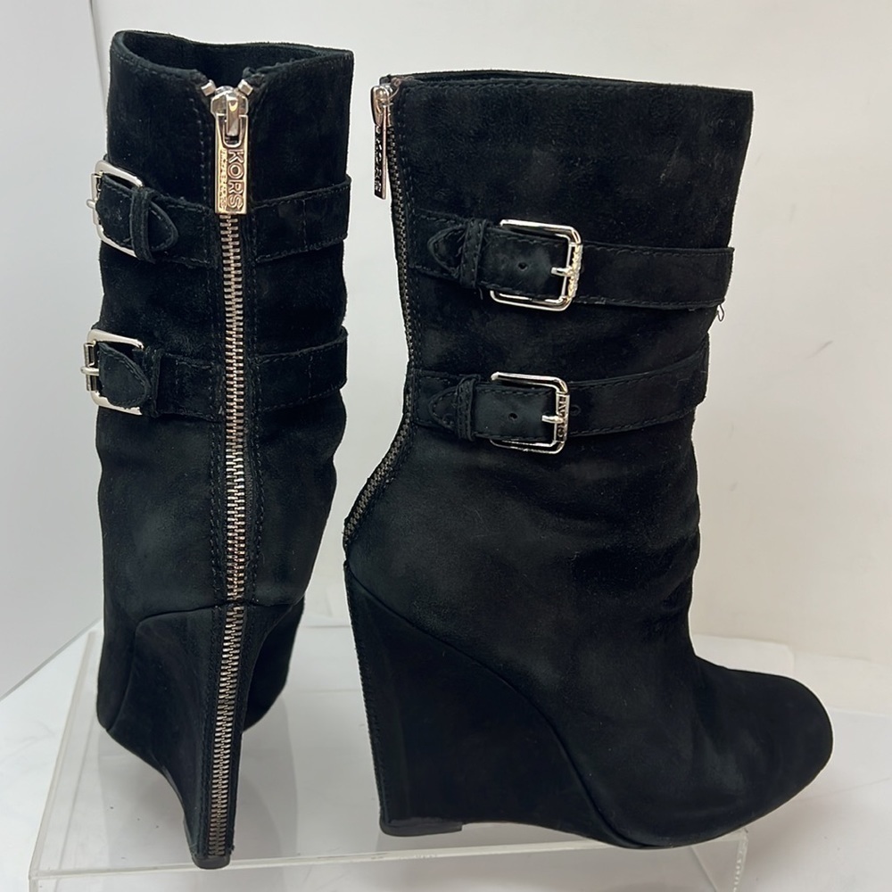 Michael Kors Sz 9 Parker Black Suede Leather Wedge Heel Exposed Zip Ankle Boots